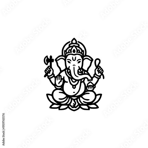 Lord Ganesha Line Art Icon on Lotus