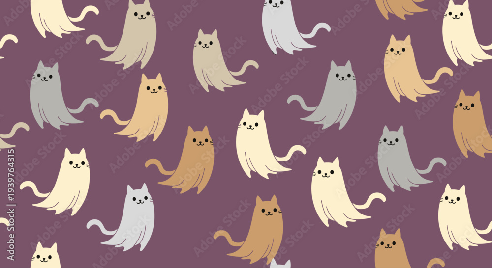 Obraz premium Whimsical pattern of cute cat ghosts in various shades of beige, grey, and white floating on a dark purple background.