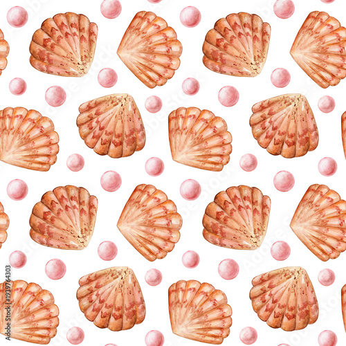 Pink pearl and shell, watercolor seamless pattern. Hand-drawn marine illustration.