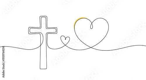 Elegant continuous line drawing of a Christian cross connected to two hearts symbolizing faith, hope, and love for religious themes.
