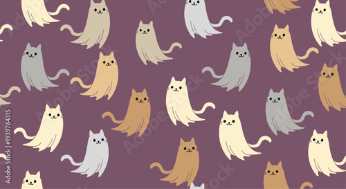 Whimsical pattern of cute cat ghosts in various shades of beige, grey, and white floating on a dark purple background.