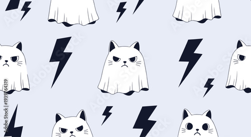 Edgy pattern featuring white grumpy cats wearing ghost sheets and black lightning bolts scattered on a light blue background.