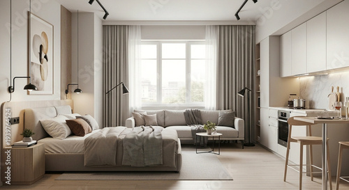 Modern minimalist studio apartment interior with elegant design and comfortable living space