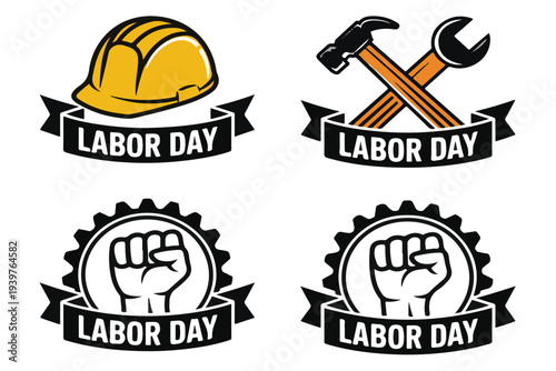 Labor day emblem collection featuring hard hat construction tools and raised fist symbols representing worker rights and appreciation for international workforce on transparent background