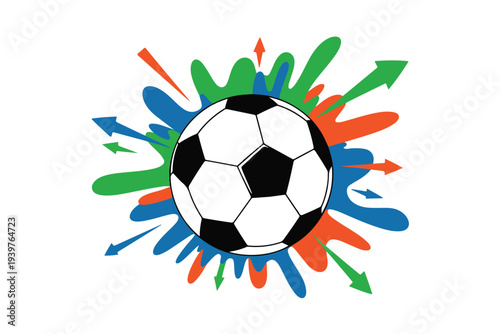 Soccer ball with colorful splash and arrows background design for sports competition and active lifestyle concept isolated on transparent background for football tournament promotion vector