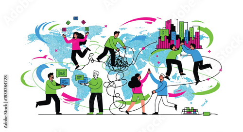Global business network connecting diverse people and ideas around the world with technology and communication