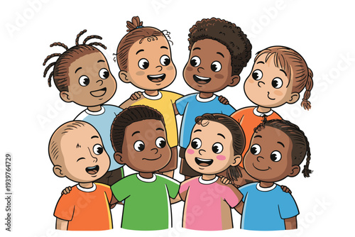 Cute cartoon kids group hugging each other with happy expressions for friendship and unity concept featuring diverse children in colorful tshirts on transparent background vector design