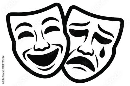 Comedy and tragedy masks vector illustration, representing emotional spectrum of human experience, dramatic arts, theatrical performances