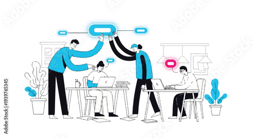 Creative business team collaborating on a technological project, building a network structure and optimizing workflow in a modern office environment.