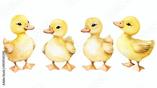 Three adorable yellow ducklings standing side by side on white background, watercolor illustration with soft fluffy textures and warm tones