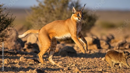 Caracal chases rock hyrax across rocky terrain in wild