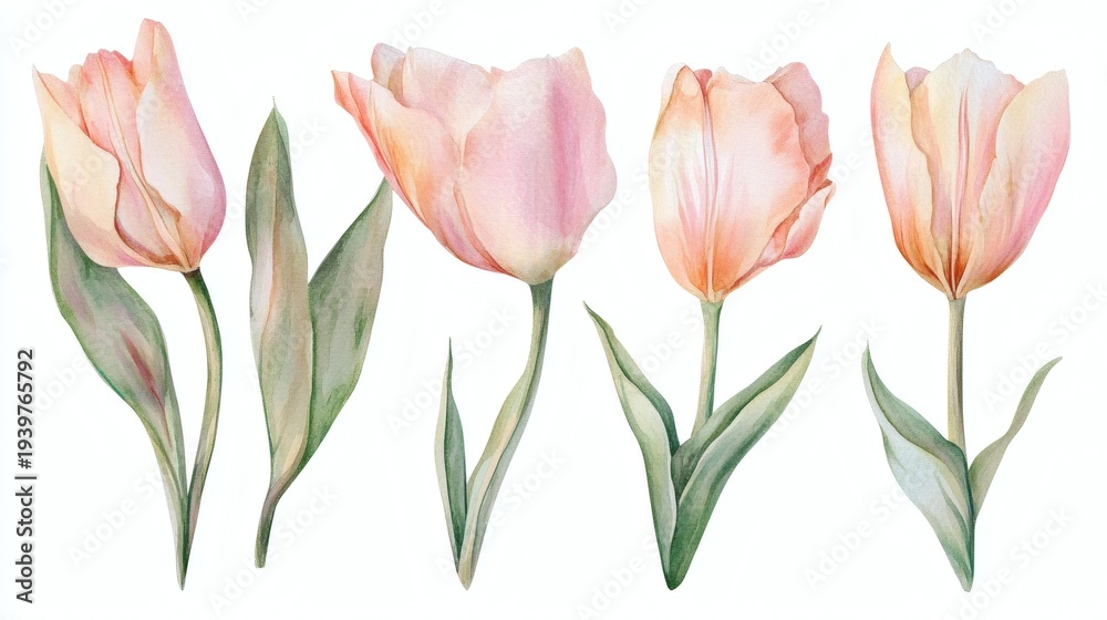 Obraz premium Four pale yellow watercolor tulips with green leaves on white background, delicate botanical arrangement
