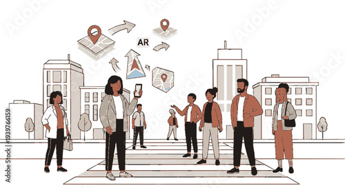 Diverse group of people standing on crosswalk with augmented reality icons floating above in city