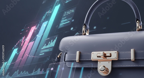 A modern, sophisticatedly designed handbag in close-up, featuring an ultra-realistic cartoon style and a background with large, ascending financial charts in soft neon.