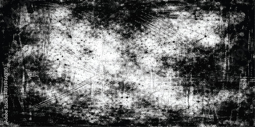 Aged grunge background texture featuring a dirty black and white pattern on a rough vintage wall with an old paper border design and dark concrete paint art