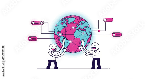 Two smiling people collaboratively holding a glowing, interconnected global network, symbolizing worldwide communication, digital connection, and teamwork.