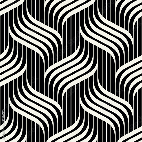 Monochrome seamless geometric wave pattern with bold interlaced grid structure. Modern abstract background featuring rhythmic wavy lines and repeating ripple effect. Stylish vector surface design.