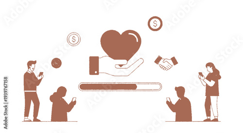 People donating money online with heart and dollar symbols