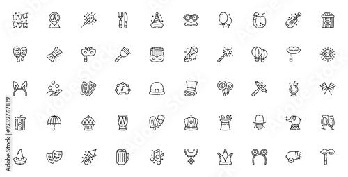 Carnival icon set. Vector illustration pack. Includes garlands, party, sparkler, balloon, mask, magic wand, tickets, costume, crown, music and more. Editable stroke.