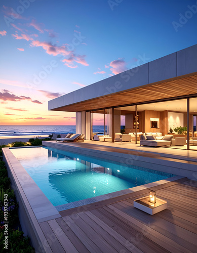 Oceanfront pool & modern home at sunset