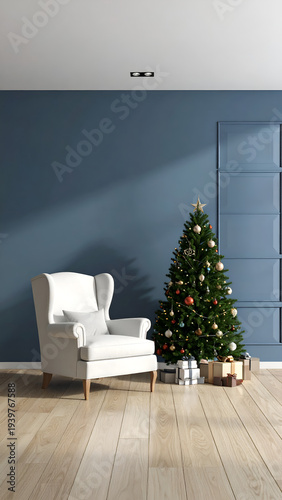 Christmas tree and chair in a room with blue wall