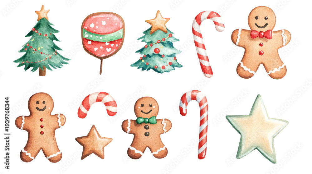 Naklejka premium Watercolor gingerbread cookies and candy canes arranged on transparent background; festive Christmas sweets collage with smiling gingerbread men, stars, tree, and striped candy canes
