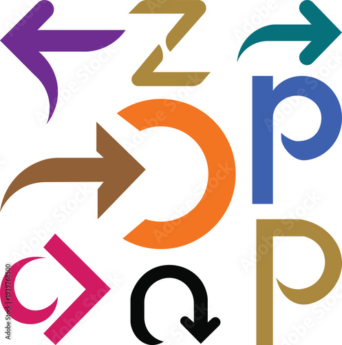 Various Bold Colorful Arrows and Shapes Pointing in Multiple Directions