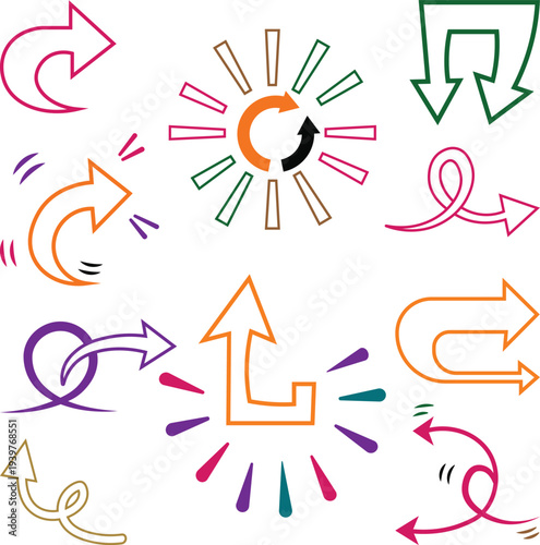 Collection of Artistic Arrows and Swirls in Vibrant Colors