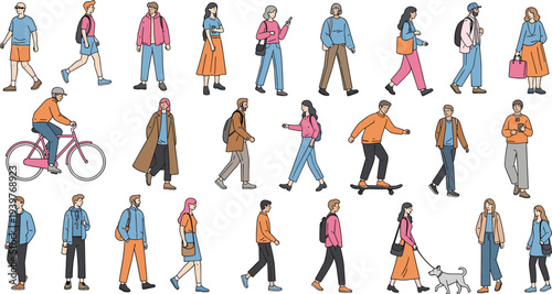 Large collection of diverse people walking riding bicycle and skateboarding in casual clothing for urban lifestyle city map and architectural visualization projects.