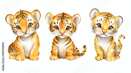 Three watercolor tiger cub illustrations sitting side by side on white background, cute cartoon wildlife nursery art style