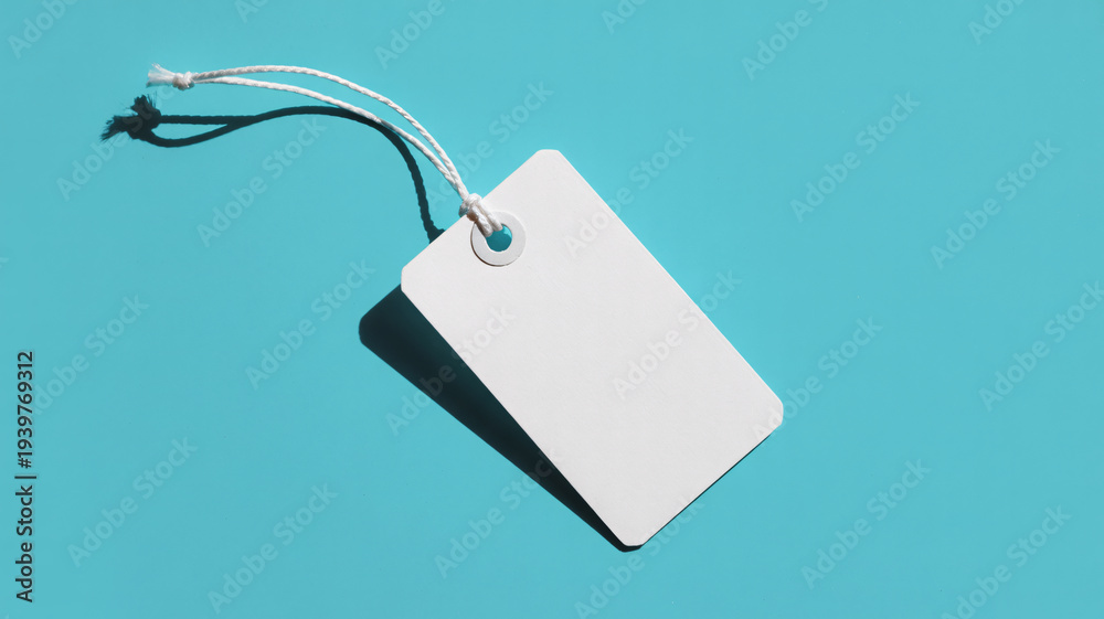 Fototapeta premium Blank white gift tag on turquoise background with string