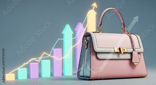 Stylish bag on a glass surface, hyper-realistic cartoon style, ascending stock graphics projected in the background, soft pink and blue colors.