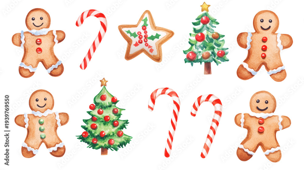 Naklejka premium Watercolor gingerbread cookies and candy canes arranged on transparent background; festive Christmas sweets collage with smiling gingerbread men, stars, tree, and striped candy canes