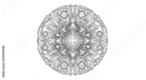 Intricate black and white mandala design with floral patterns and symmetrical details.
