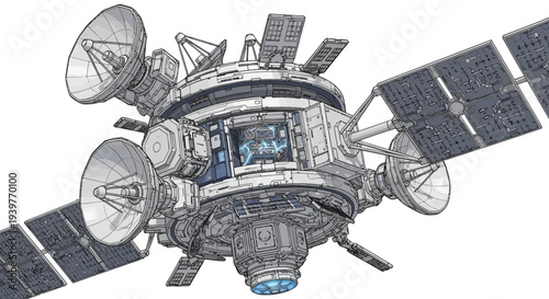 Detailed illustration of a satellite in space with solar panels and antennae.