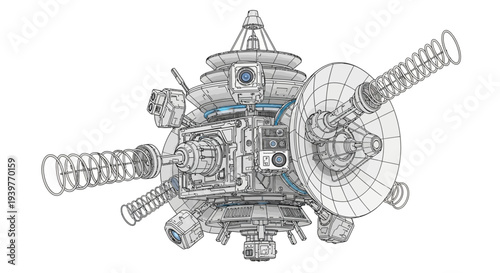 Detailed technical drawing of a complex spacecraft or satellite with various components.
