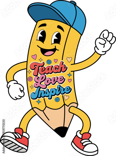 Teacher Life T-Shirt Inspire Teach - Teacher Life T-Shirt Design with Cute Pencil Character and Teach Love Inspire Quote Cartoon Vector Illustration