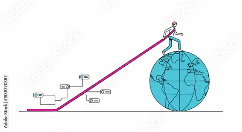 Businessman climbing a global growth chart, symbolizing international business expansion, progress, success, and strategic development worldwide.
