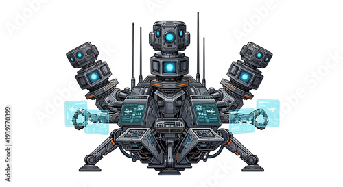 Futuristic robotic machine with multiple mechanical arms and glowing blue accents.