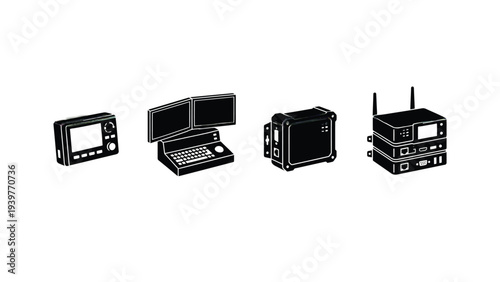 Black Electronic Devices with Screens and Antennas on White Background
