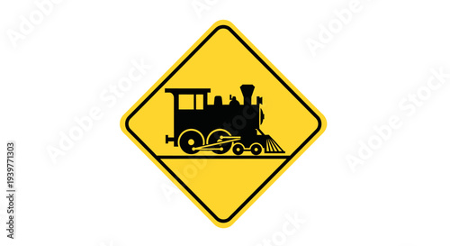 Universal yellow diamond warning sign with classic steam locomotive graphic, indicating railway crossing ahead. Essential for road safety and caution around train tracks