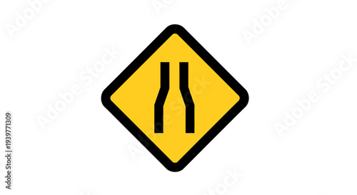 Yellow diamond road sign indicating a narrowing road ahead, a crucial warning symbol for drivers to exercise caution and adjust speed due to lane reduction