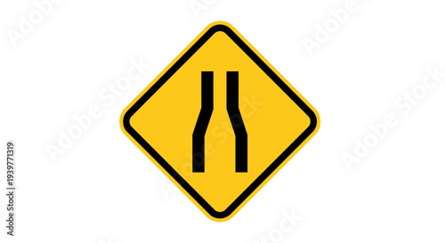 Crucial yellow diamond warning sign indicating a road narrows ahead, featuring a bold black graphic for essential traffic safety and driver awareness on all routes and highways