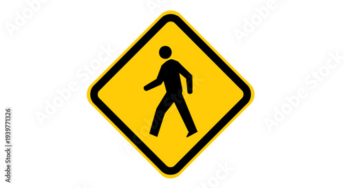 Bright yellow diamond-shaped road safety warning sign with a clear black silhouette of a walking person, signaling a pedestrian crossing zone or potential foot traffic ahead, isolated for design use