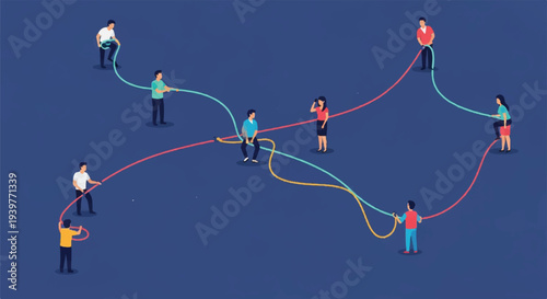 Abstract illustration of diverse people connected by colorful lines, symbolizing global communication, social networking, business relationships, and community building.