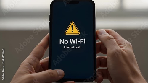 Hand holding smartphone showing no wi-fi internet connection lost error