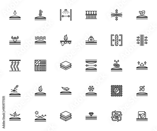 Fabric Materials icon set. Vector symbols for waterproof, breathable, fireproof fabric, elasticity, durability, eco-friendly materials and more. Editable stroke.