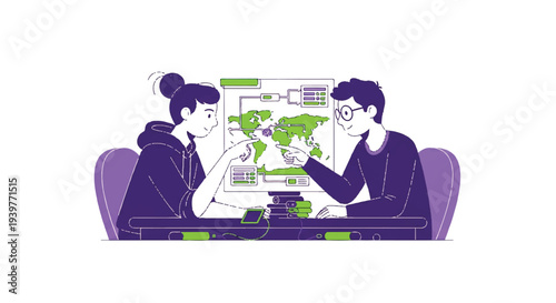 Two colleagues collaborating on a global strategy, analyzing data on a world map. Modern flat illustration depicting business planning and teamwork in a technological context.