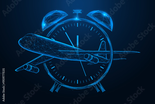 Time management in air travel. A passenger plane takes off from an alarm clock. The concept symbolizes flight time, punctuality, and time management in aviation.
