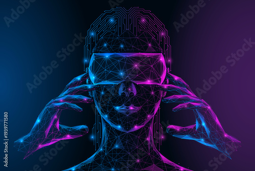 A look into the future with a VR headset. A girl wearing virtual reality glasses. The concept of human interaction in a digital environment and the future of immersive technologies.